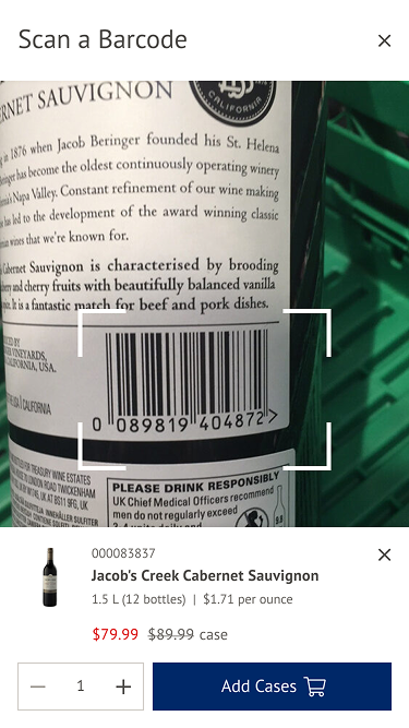 A successful barcode scan result showing the matched product details and an option to add it to the order